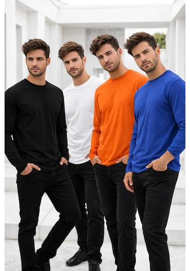 Rich Erkek Siyah-beyaz-turuncu-mavi 4'lü Paket Basic Uzun Kollu Sporcu Body Çok Renkli