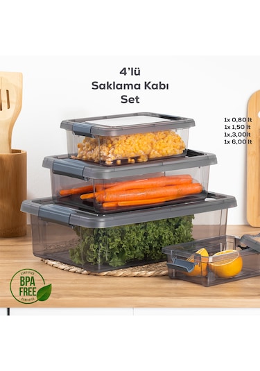 Porsima 466 4'lü Sızdırmaz Kapaklı Erzak Saklama Kabı Seti Gri