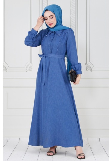 İnci Detaylı Kuşaklı Tesettür Elbise-mavi-3586-mavi Mavi