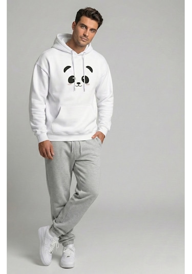 Unisex Sevgili Çift Kombini Oversize Panda Baskılı Çift Hoodie Beyaz