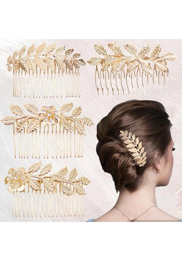 4 Parça Altın Yapay Elmaslı Diş Detaylı Saç Tarağı, Yaprak Saç Yan Tarağı, Kadınlar İçin Vintage Düğün Dekoratif Saç Aksesuarları 4 Farklı Boyut