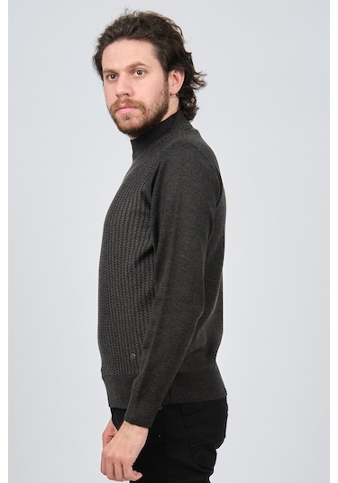 Çizgi Triko Erkek Yarım Balıkçı Çizgi Desenli Kazak 42564234 Koyu Koyu Gri