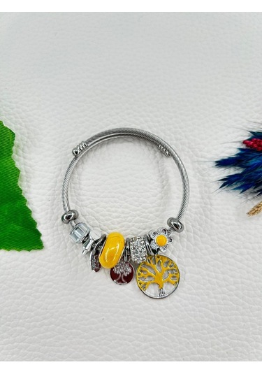 Bhs Life Kadın Charmlı Sarı Renk Kristal Taşlı Hayat Ağacı Çelik Bileklik