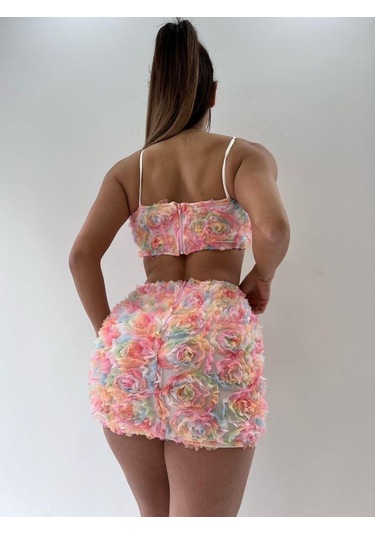 Pembe Üç Boyutlu Çiçek Desenli Fermuar Detaylı-pembe