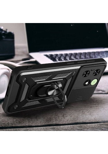 Teknodur Tecno Spark 20c Kılıf Magnetik Standlı Kamera Korumalı Sürgülü Vega Kapak - Siyah