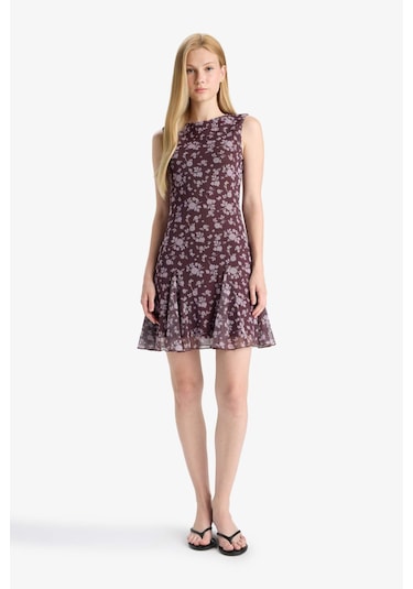 Defacto Coool Bisiklet Yaka Desenli Tül Kolsuz Mini Elbise F0415ax25wnbr232 Bordo