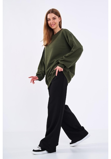 Comeor Haki Kadın Pamuklu Oversize Basic Bisiklet Yaka Sweatshirt 001