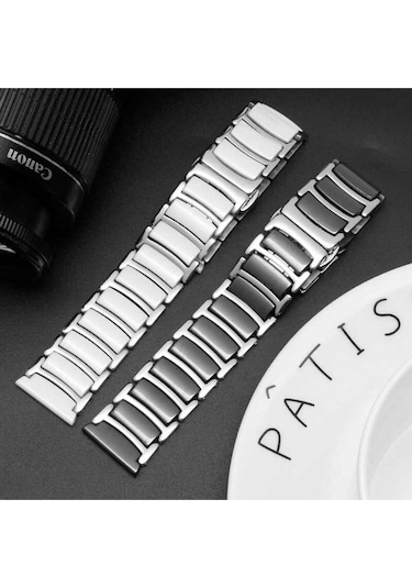 Samsung Uyumlu Galaxy Watch 42mm 20mm Seramik Metal Frm Kordon Siyah-gümüş
