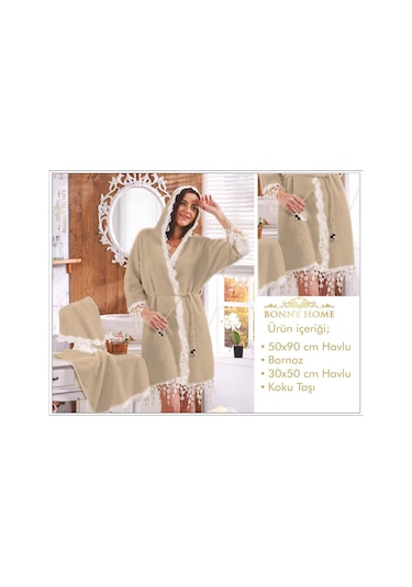 Lorena Kapuçino Kadın Fransız Dantelli Balayı Çeyizlik Bornoz Set Kahverengi