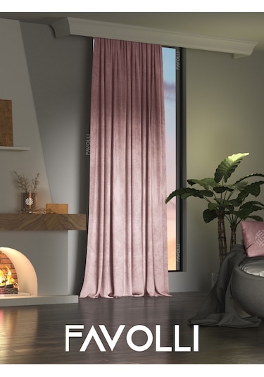 Kadife Dokulu Açık Pembe Ada Fon Perde Ekstrafor Büzgülü Dream Series Açık Pembe