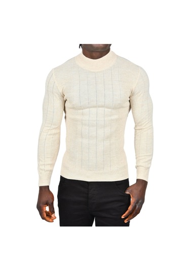 Deepsea Erkek Bej Yarım Balıkçı Yaka Çizgili Tüylenmeyen Slim Fit Triko Kazak 2505491 Bej