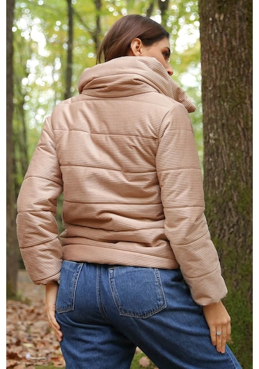 Kadın Yüksek Yaka Cepli Kışlık Kadife Mont Dpnb7154 Bej