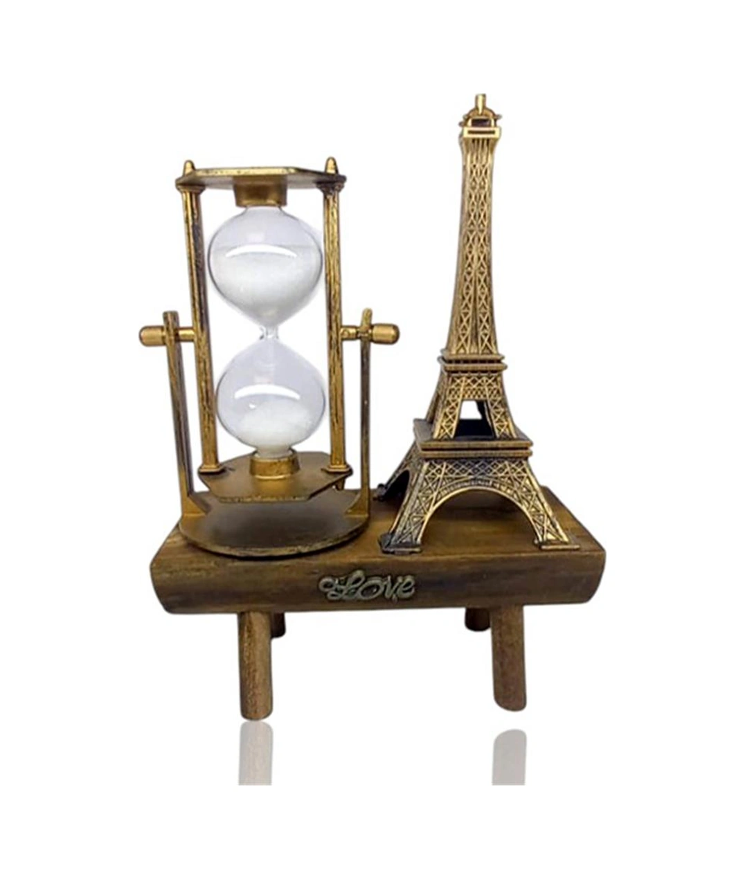 Dekoratif Eyfel Kulesi Tasarımlı Kum Saatli Ahşap Altlıklı Masa Süsü Altın Renk