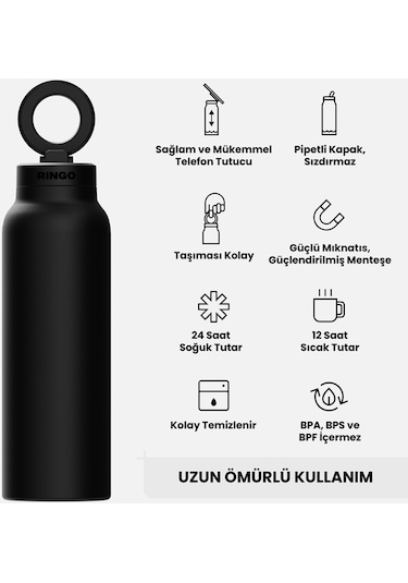 Ringo Pro Pipetli, Telefon Tutuculu Termal Çelik Termos 950 Ml Siyah