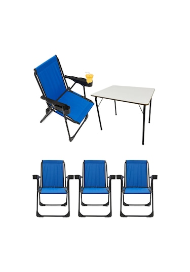 Silva 4 Adet Kamp Sandalyesi Bardaklıklı Lüks Mavi + MDF Masa Mavi