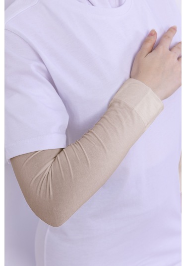 Likralı Penye Kolluk Açık Bej - Pratik Kadın Tesettür Düz Namaz Kolluğu 1 Çift 40cm Viskon Hijab Açık Bej