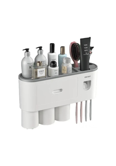 Konesam Duvar Montlu Diş Fırçası Tutucu - Süpürge Özellikli, Deliksiz Desen, Dolap Ve Bardak Seti - Çok Amaçlı Banyo Organizer Gri Diğer