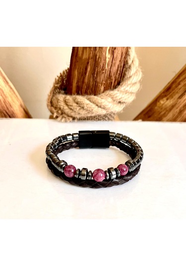 %100 Deri&hematit Kombin Siyah-lila Erkek Bileklik Net 21cm Siyah - Pembe