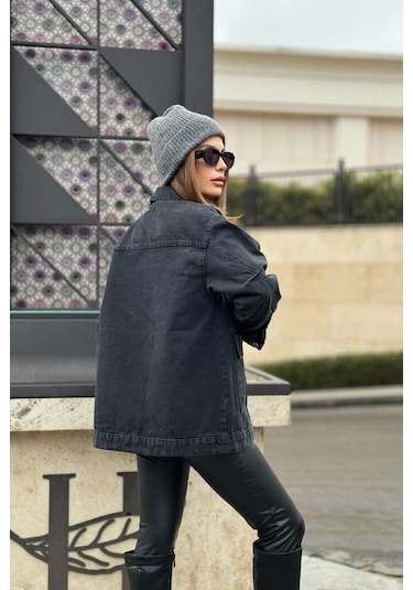 Kadın Siyah Geniş Cepli, Kaliteli Jeans Kumaş, Salaş Kot Ceket Siyah