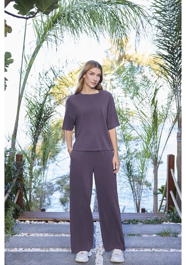 Monamise Kadın Kısa Kollu Bisiklet Yaka Alt Üst Takım 25081 Mor