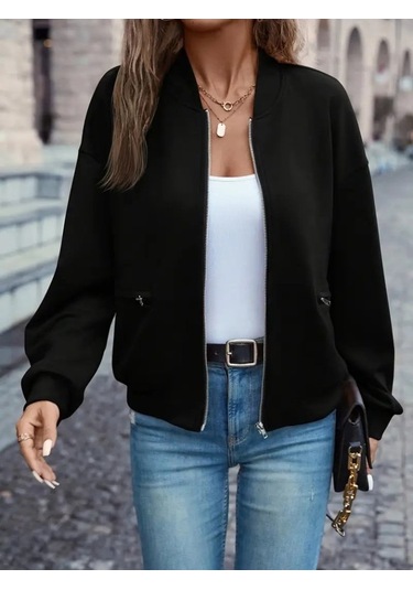 Kadın Uzun Kollu Önden Fermuarlı Cepli Modal Ceket Siyah