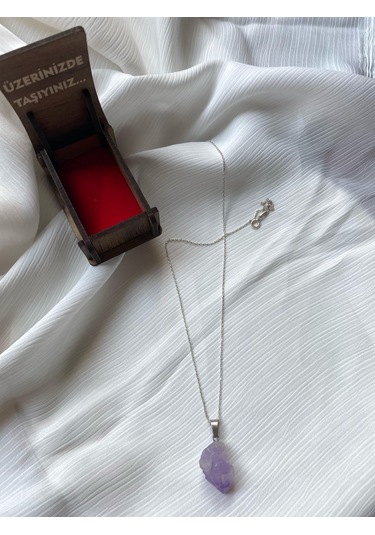 İlknur Doğal Taş Evi Ahşap Kutulu Ametist Gümüş Kolye