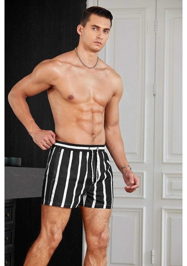 Angelsin Erkek Basic Standart Boy Çizgili Baskılı Mayo Cepli Deniz Şortu Siyah