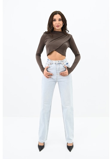 Koza Butik Kadın Dik Yaka Drapeli Kapaklı Crop Bluz 1655-24 001