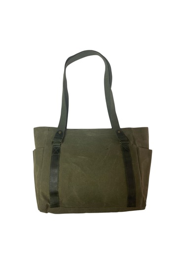 Vintage Salaş Design Su Geçirmez Kanvas Deri Günlük Okul Gezi Omuz Kol Çantası 35x28cm Haki