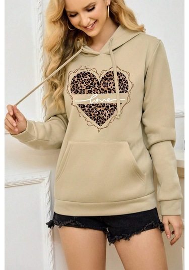 Kalp Baskılı Oversize Sweatshirt Bej