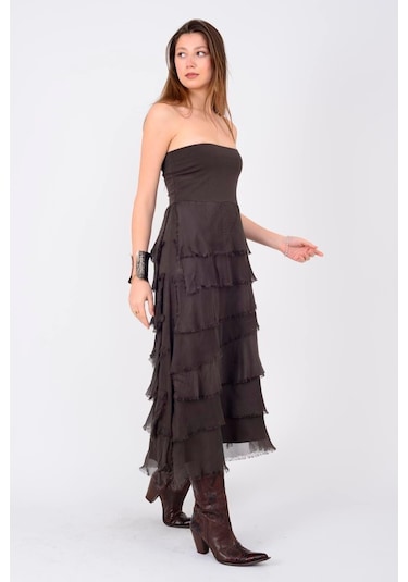 İtalyan 2 Beden Ince Gösteren Kat Kat Ipek Etek & Straplez Elbise Kahve Rengi