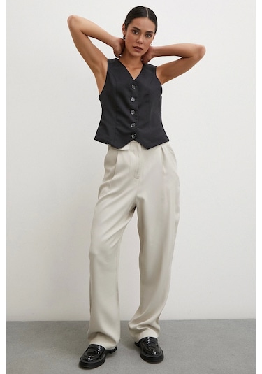 Never More Kemer Detaylı Klasik Pantolon Taş