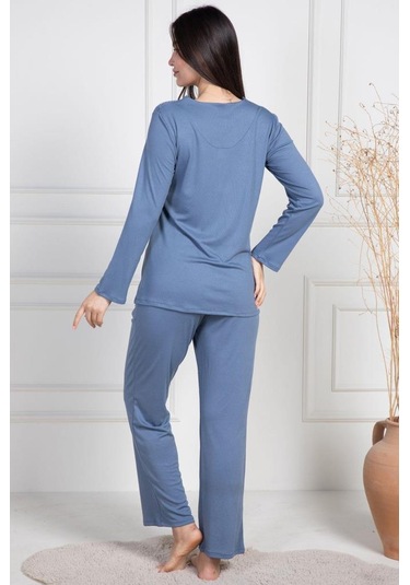 Mecit 6104 Bayan İndigo Büyük Beden Uzun Kollu Pijama Takımı İndigo