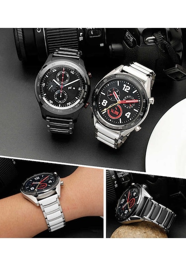 Samsung Uyumlu Galaxy Watch 42mm 20mm Seramik Metal Frm Kordon Siyah-gümüş
