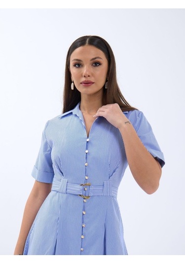 6948 Elbise-mavi Beyaz Çizgili Altın