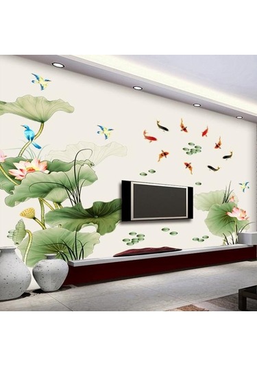 2 Adet/takım Duvar Sticker Çin Tarzı Su Geçirmez Kendinden Yapışkanlı Lotus Sazan Uçan Kuşlar Arka Plan Etiket Yatak Odası Dekoru Diğer