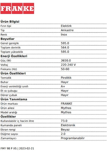 Franke Mythos FMY 98 P XS 73 LT Ankastre Fırın