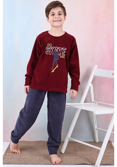 Yeni Sezon Sonbahar/kış Erkek Çocuk Skate Desenli Polar Pijama Takımı 4515 Bordo