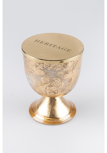 Altın Varak Eskitme Ayaklı Cam Mumluk Kokusuz Mum Yazı Kapaklı Orta 12x15 Cm