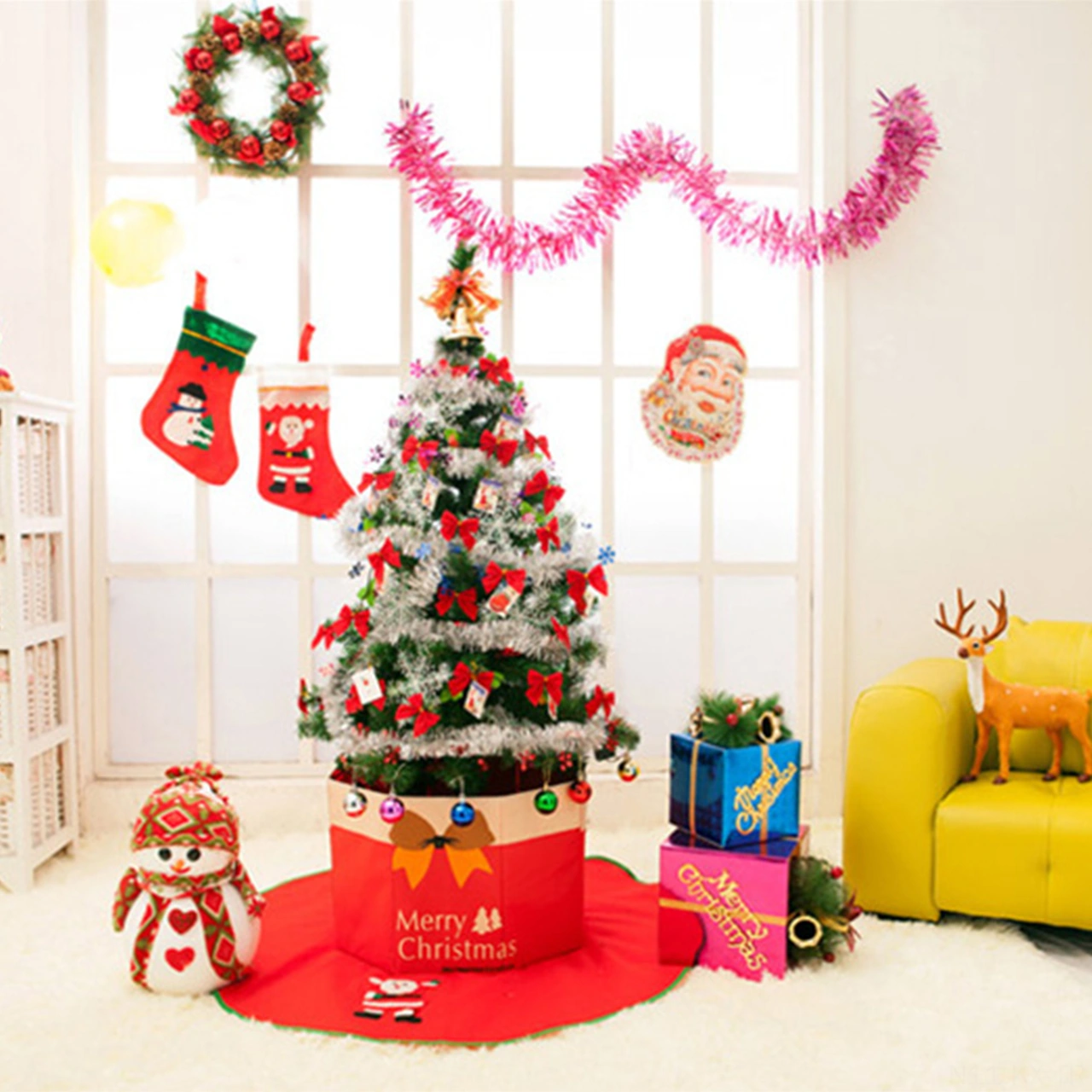 Kangvka Kumaş Noel Ağacı Taban Kutu, 30x36cm, Katlanabilir, Gülümseyici Desenli, Ev/restoran Dekorasyonu Diğer