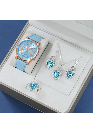 Elegant Yuvarlak Quvars Saat Analog Ve Kolye+küpe+yüzük Takım Açık Mavi