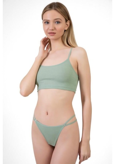 Kadın Pamuklu Ve Taş Detaylı Likralı Fitilli Kaşkorse Tanga Külot 5'li Paket Renkli-1 Çok Renkli