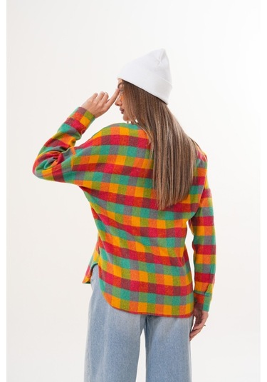 Kadın Desen Bloklu Oduncu Oversize Bol Ve Geniş Kalıp Casual Cepli Yakalı Ceket Gömlek Sarı