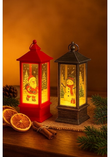 Yeni Yıl Noel Temalı 2 Li Set Işıklı Yılbaşı Feneri Noel Baba Kardan Adam Figürlü Kandili Fener 14cm Çok Renkli