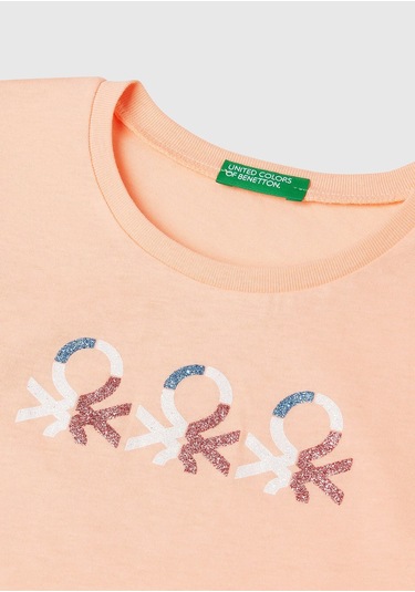 Kız Çocuk Siyah Simli Logo Baskılı T-shirt Turuncu