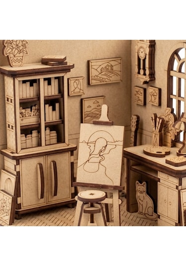 Sanat Atölyesi Ahşap Maket Seti Dıy Miniatür Artist Workshop Peri Led'li 3d Puzzle