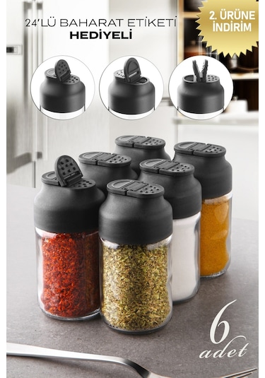 KitchenLife 6'lı Çift Kapaklı Mini Twice Cam Baharatlık Seti - Tuzluk Biberlik Şeffaf Siyah