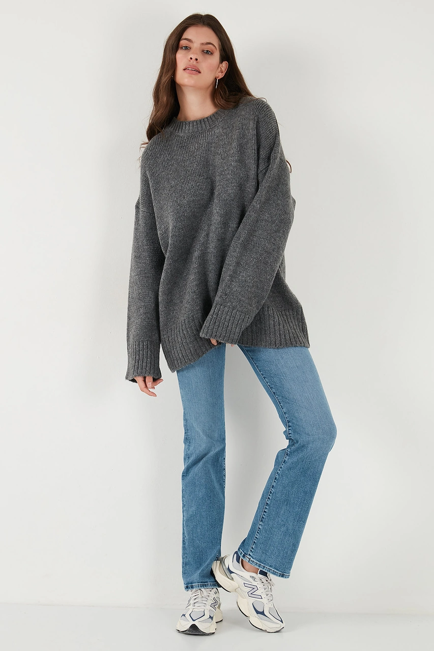 Lela Regular Fit Bisiklet Yaka Basic 2'Li Paket Triko Bayan Kazak 4616213S2 Antrasit-Taş