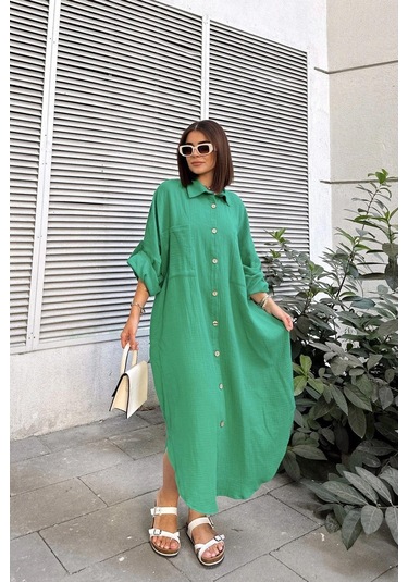 Kadın Yeşil Muslin Kumaş, Yarasa Kol, Eteği Oval, Çift Cepli, Uzun Oversize Salaş Gömlek Elbise Yeşil