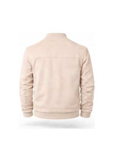 Premium Slim Fit Bomber Kolej Deri Ceket Krem
